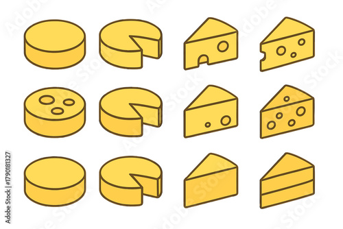 Isometric set of cheese icons featuring whole wheels and wedges