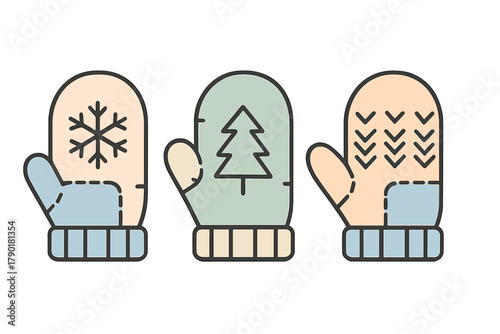 Three colorful winter mittens with seasonal icons for cold weather
