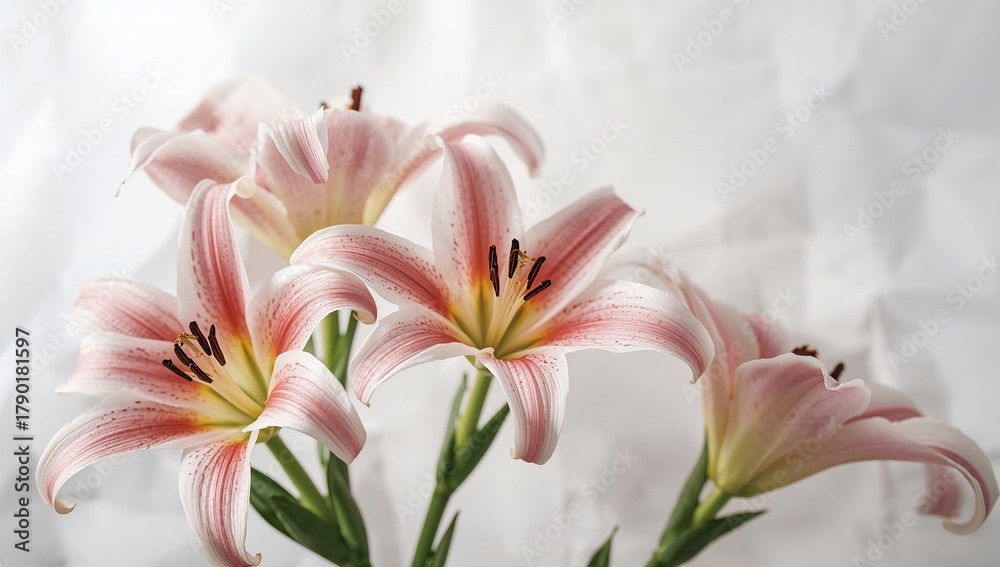 Naklejka premium Lily flowers arranged on a white backdrop, suitable for editorial header background