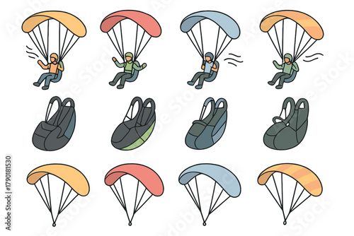 Paragliding equipment icons set featuring pilots and safety harnesses