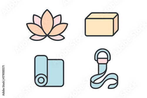 Colorful icons for yoga and meditation practice featuring lotus flower and mat