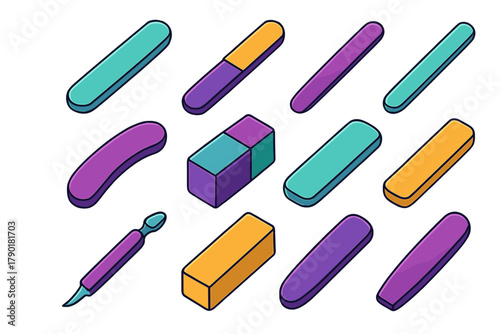 Isometric icons of colorful manicure and pedicure tools set