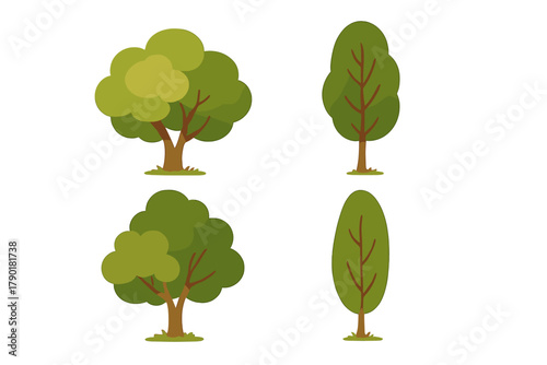 Set of four stylized green deciduous trees with different canopy shapes