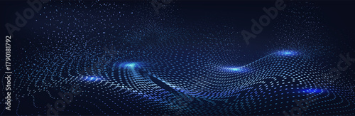 Abstract Music background. Big Data Particle Flow Visualisation. Science infographic futuristic illustration. Sound visualization. Cryptocurrency fintech network blockchain and programming concept.