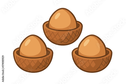 Three brown eggs displayed in small woven containers icon set