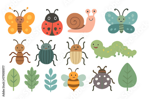 Cute cartoon garden insects and foliage elements collection