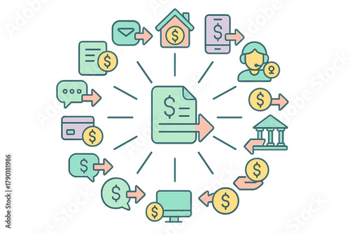 Financial transaction flow diagram illustrating various digital payment methods