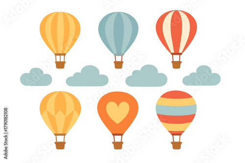 Colorful hot air balloons floating among pastel clouds in the sky