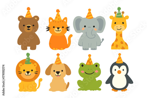 Charming baby animals in colorful festive birthday hats collection