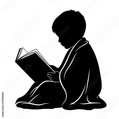Captivating silhouette of a young child absorbed in reading a book, fostering imagination today
