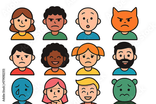 Set of diverse cartoon avatars showing various human and animal emotions