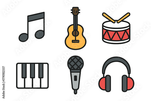 Colorful icons representing musical instruments and audio equipment