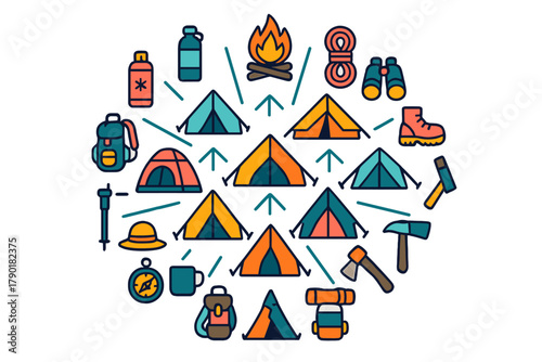 Colorful outdoor adventure equipment icons arranged in a circle
