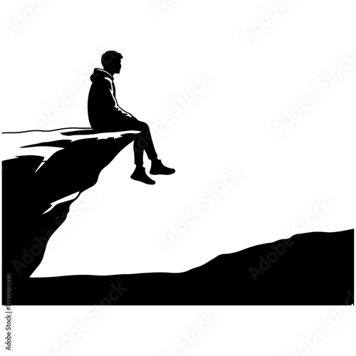 Silhouette of a thoughtful person sitting on a cliff edge contemplating adventure and freedom