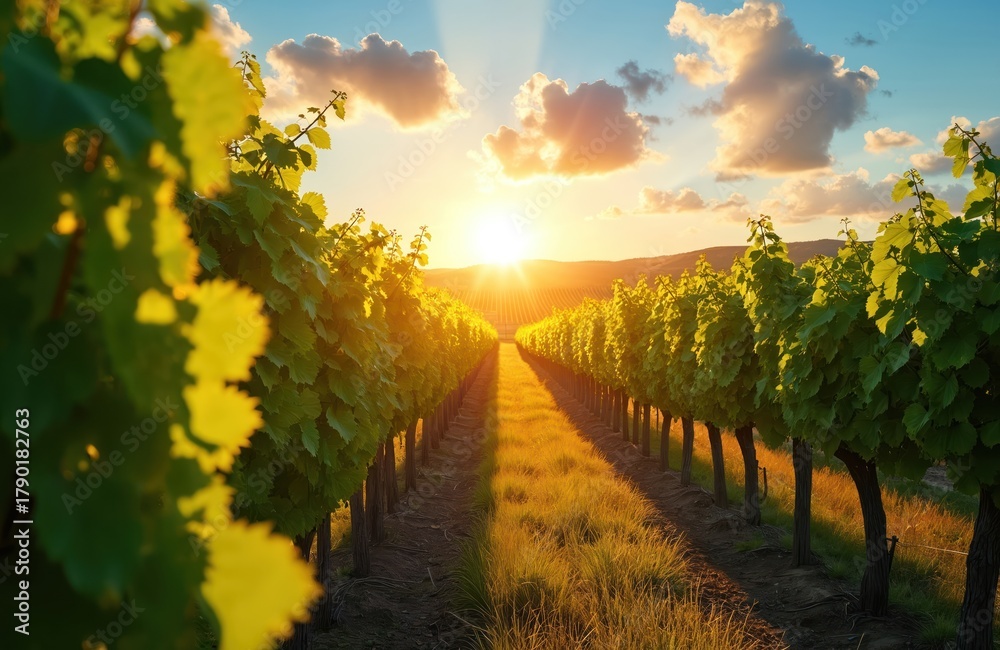 Naklejka premium Rows of grape vines grow in a sun-drenched vineyard under a bright sky with fluffy clouds. The golden sun sets behind rolling hills, casting long shadows and warm light across the green landscape.