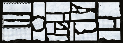 Crumpled notebook sheets with ragged edges, realistic torn pieces of lined paper. Blank memo sheet shreds, ragged note scraps, wrinkled paper strips, collage or scrapbooking vector elements set