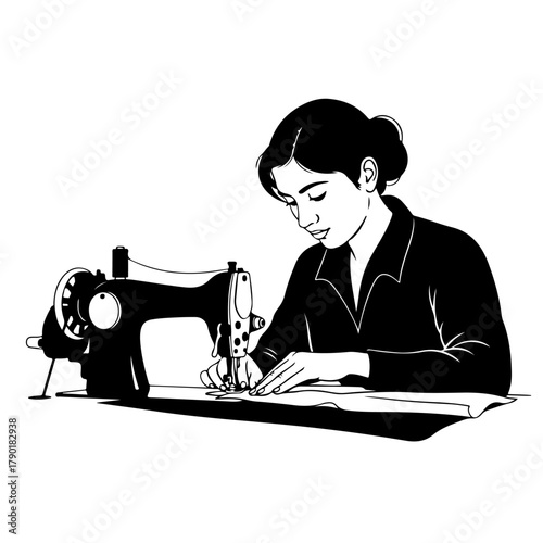 Woman sewing fabric with vintage machine for creative business or fashion design project in studio
