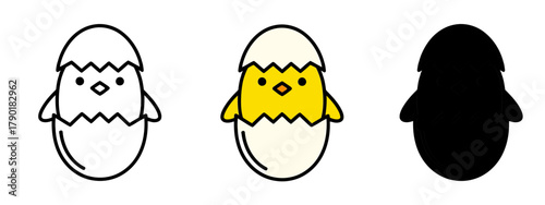 Newly Hatched Chick in Cracked Egg with Outline and Silhouette Representations