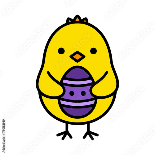 Whimsical chick holding a decorated egg for springtime celebrations