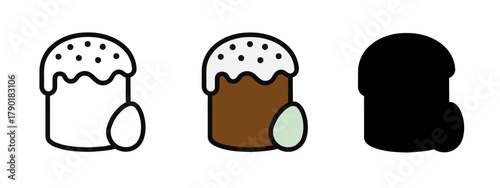 Easter Cake and Egg Icons in Outline, Colored, and Silhouette Styles