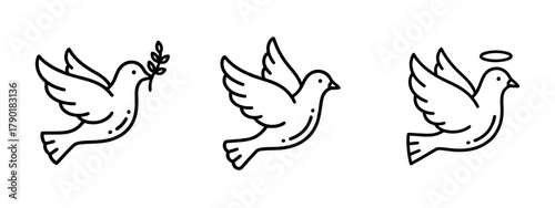 Dove Line Icons Set Featuring Branch and Halo Flying in White Background