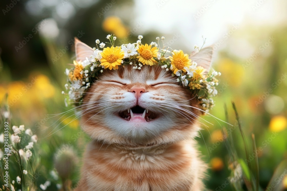 Fototapeta premium Sunny daylight. Summertime happiness. Cute adult cat singapura wearing untamed flower circlet on its head. Dreamy summer scene with a cat. Petâ€™s outdoor adventure. Radiant summer joy for pets.