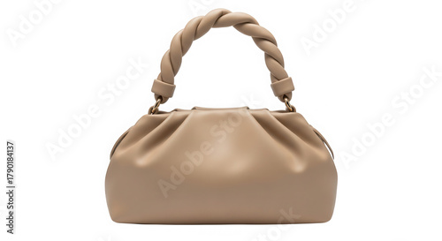 Beige mini handbag with twisted handle isolated on transparent background