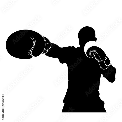 Dynamic black silhouette of a boxer throwing a punch with gloves on for fitness advertising