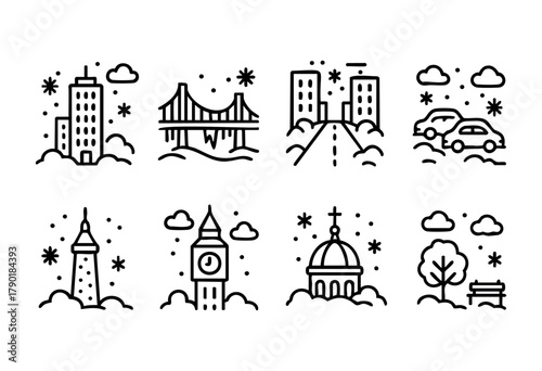 A collection of city and travel icon set, depicting various urban landmarks and elements such as skyscrapers, a bridge, cars on a road, a lighthouse, a clock tower, a domed cathedral, and a park with 