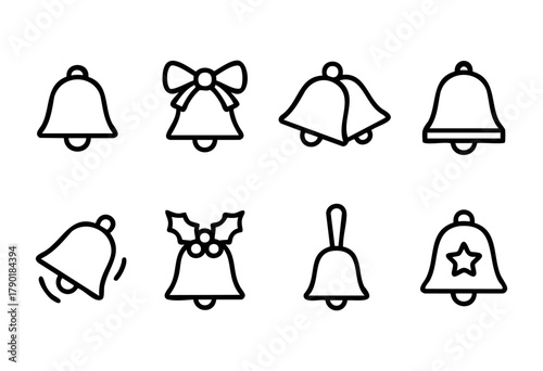 A set of eight outline vector icons featuring various Christmas and holiday bells, including designs with a bow, holly, a star, and a ringing effect.
