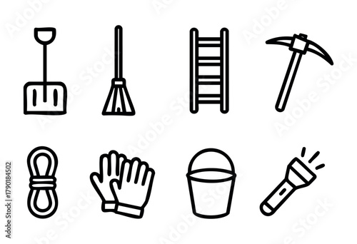 Various essential tools laid out, including a shovel, broom, ladder, pickaxe, rope, gloves, bucket, and flashlight, showcasing their utility for outdoor and home improvement work.