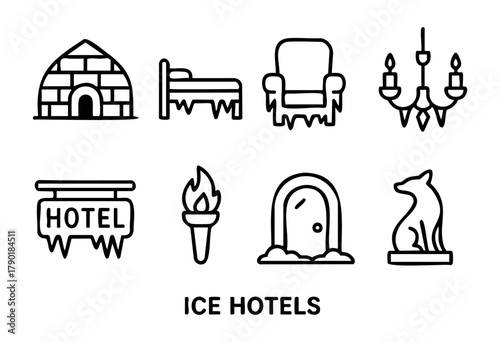 A collection of eight black and white outline icons for ice hotels, depicting elements like an igloo, bed, armchair, chandelier, hotel sign, torch, arched doorway, and an animal ice sculpture, all fea