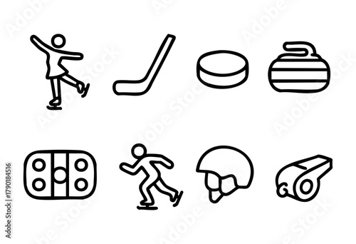 A collection of black outline icons representing various winter sports, including elements for figure skating, ice hockey, and curling.