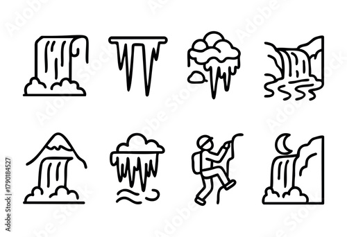 Various illustrations show waterfalls in different styles along with climbing activities in a mountainous setting, highlighting nature's beauty and adventure opportunities.