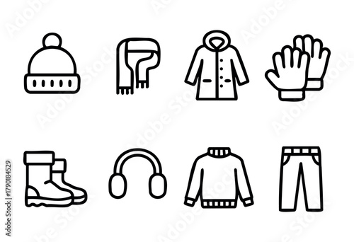 A collection of winter clothing items is shown, including a hat, scarf, gloves, a coat, boots, headphones, a sweater, and pants, highlighting warm attire for cold weather.