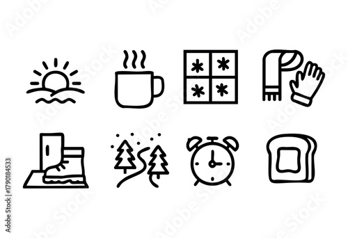 A collection of minimalist line art icons depicting a winter morning theme, featuring elements such as a sunrise over water, a steaming mug, frosty window, a scarf and glove, a winter boot, snowy pine