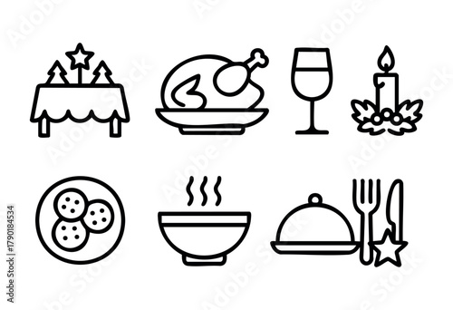 Festive dining and holiday celebration line art icons featuring a decorated table, roasted turkey, wine glass, candle, cookies, steaming bowl, and cutlery.