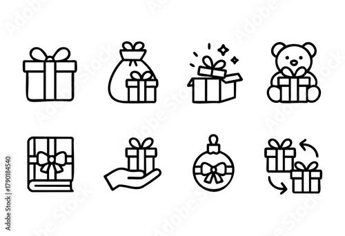 A collection of outline icons representing various gift-related concepts, including wrapped presents, an open gift box with sparkles, a teddy bear holding a gift, a gift bag, a hand giving a present, 