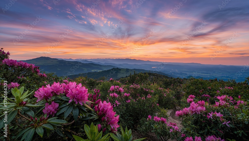 Obraz premium Majestic summer dawn over blooming rhododendron flowers, vibrant morning landscape in the mountains