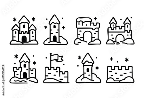 A collection of eight black and white line art icons depicting various fantasy or fairytale castles, featuring towers, battlements, gates, and elements like snow, stars, or flags, presented in a clean