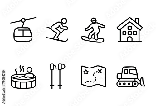 A collection of black and white outline icons representing winter sports and mountain resort activities, featuring a ski lift, skier, snowboarder, chalet, hot tub, ski poles, trail map, and snow groom