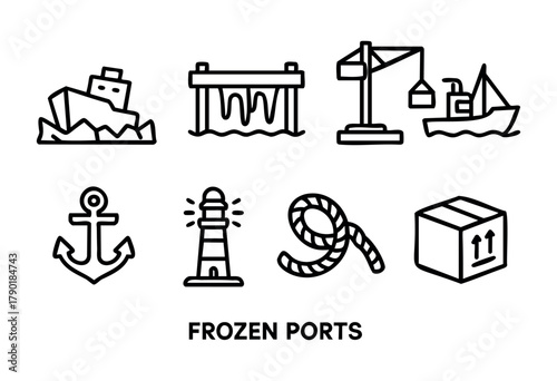 A collection of black outline icons illustrating various port and maritime elements, including a ship, pier, crane, boat, anchor, lighthouse, rope, and a cargo box, accompanied by the text "FROZEN POR