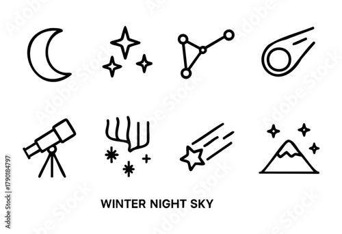 A set of black outline icons depicting various astronomical and night sky elements, including moon, stars, constellations, meteor, telescope, aurora borealis, a shooting star, and a mountain.