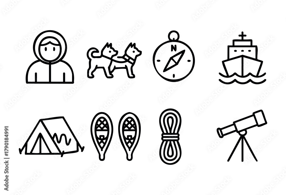 Fototapeta premium Collection of line art icons depicting various adventure and exploration elements, including a hooded person, sled dogs, compass, ship, tent, snowshoes, coiled rope, and telescope, all in a modern out
