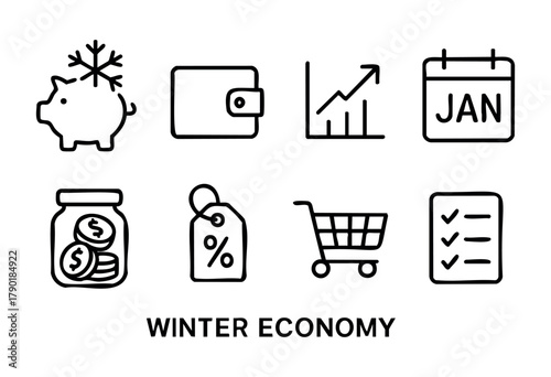 A collection of eight hand-drawn financial and shopping icons, featuring elements like a piggy bank with a snowflake, wallet, upward trend graph, calendar with "JAN", money jar, discount tag, shopping