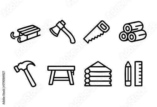 A collection of minimalist outline icons representing various woodworking and construction-related items, including hand tools like an axe, saw, and hammer, along with logs, a stylized log cabin, a sl