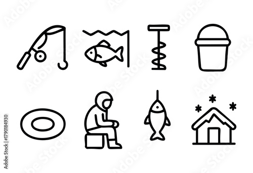 Various icons depict key elements of fishing, including a fishing rod, fish, bait, bucket, and a person waiting by the water. The imagery captures the essence of this relaxing outdoor hobby.