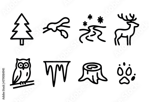 Forest and winter themed line icons, featuring a pine tree, berries, snow, a deer, an owl, icicles, a tree stump, and an animal paw print, all depicted with a bold outline style.