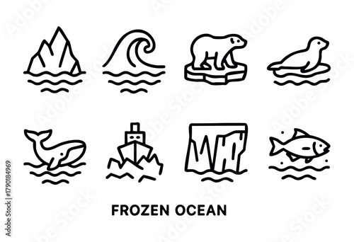 A collection of eight black and white line art icons depicting various elements associated with a frozen ocean, including an iceberg, wave, polar bear, seal, whale, ship, glacier, and fish.