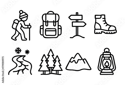A set of black and white outline icons representing outdoor adventure and winter activities, including a hiker, backpack, signpost, hiking boot, pine trees, mountain, river with snowflakes, and a lant